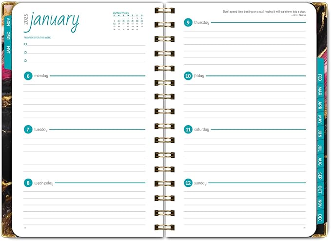 HARDCOVER 2025 Planner, 5.5"x8": 14 Months (November 2024 - December 2025), Daily Weekly Monthly Planner, Yearly Agenda, Bookmark, Pocket Folder and Sticky Note Set (Dark Gold Marble)