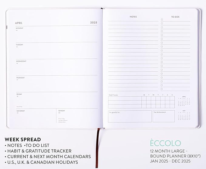 Eccolo 2025 Large Agenda Planner, 12 Month, Yearly, Monthly & Weekly Pages, Habit & Gratitude Tracker (Hardcover - 8 x 10")