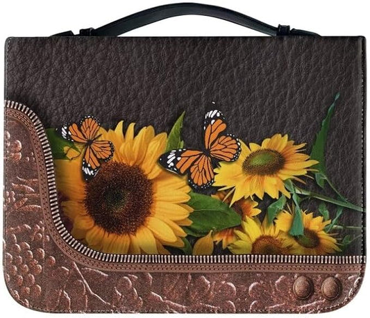 Lotusorchid Bible Covers for Women Men PU Leather Bible Case, Portable Sunflower Butterfly Bible Bag Tote Book Carrying Case Christian Bible Accessories with Handle Pocket, Brown,M