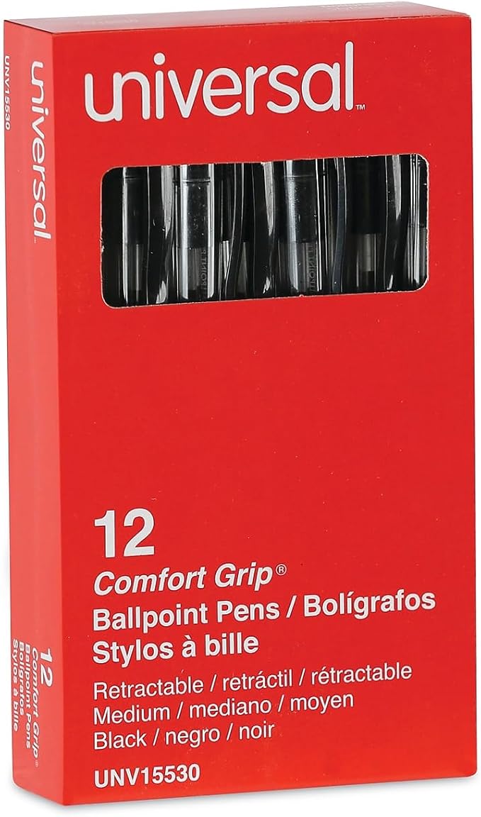 Universal UNV15530 1 mm Comfort Grip Retractable Ballpoint Pens - Medium, Black (1 Dozen)