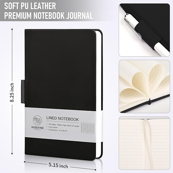 Hardcover Executive Notebooks, 160 Pages Line Ruled Classic Notebook Journal, Leather Notebooks with Pen Loop for Bussiness College Writing (Black)