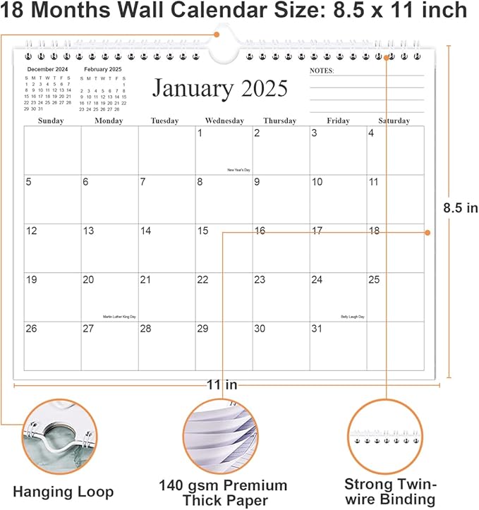 Calendar 2025-18 Months Calendar from January 2025 to June 2026, Wall Calendar 2025-2026 with Thick Paper, 8.5" x 11", Black