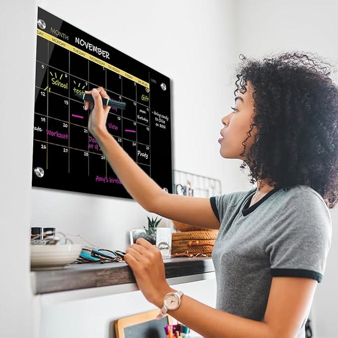 Glass Dry Erase Whiteboard,Monthly Calendar Whiteboard,18" x 24",Frameless Glass White Board for Home,School,Office,Blace Surface(GlassA-BK-4560)