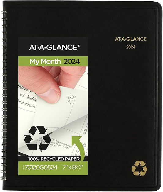 AT-A-GLANCE 2024 Monthly Planner, 7" x 8-3/4", Medium, Spiral Bound, Recycled, Monthly Tabs, Black (70120G0524)