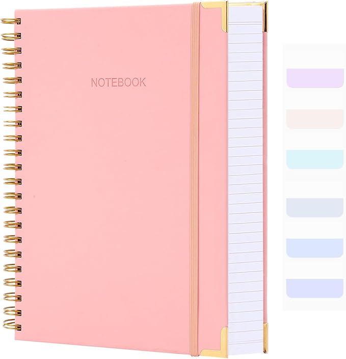 Spiral Notebook, College Ruled Notebook Journal, 8.5” x 11”, 300 Pages Leather Writing Journal for Women Men, A4 Hardcover Notebook for Work School, 24pcs Index Tabs, Pink