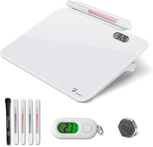 Small Glass Desk Whiteboard Dry-Erase Board with Clock, Small Travel Clock Keychain with Desk Notepad, Time Table Whiteboard for Desk Digital LED Light Display, 8x6 in with Accessories, White