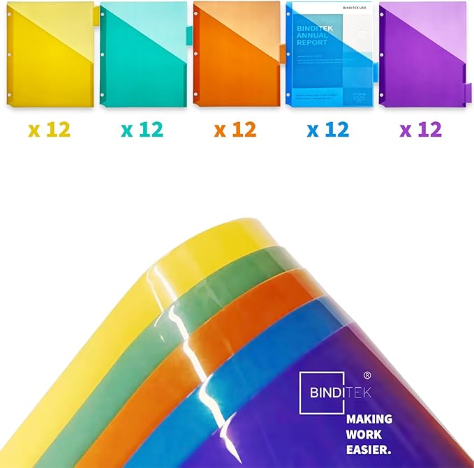 Binditek 12 Set Plastic 5-Tab Binder Dividers with Front Pocket, Tab Insertable Poly Pocket Dividers for 3 Ring Binders, Letter Size, Multicolor, for Students and Coworkers