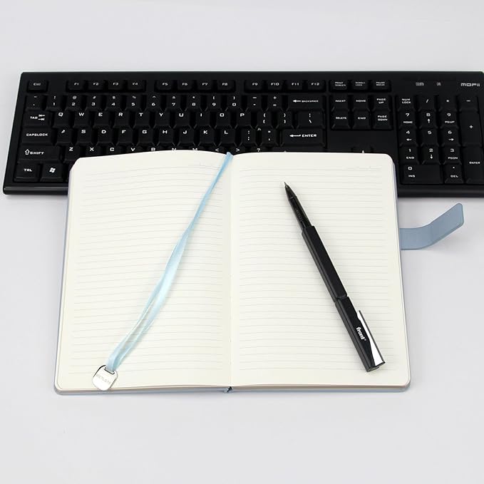 A5 Hard Cover Notebook with Pen Holder, Gold Edges & 180° Lay Flat - Large 5x8.25 Lined, Bookmark, Gift Box - Durable Journal for Office, Study, Travel - Writers, Students (Light Blue)