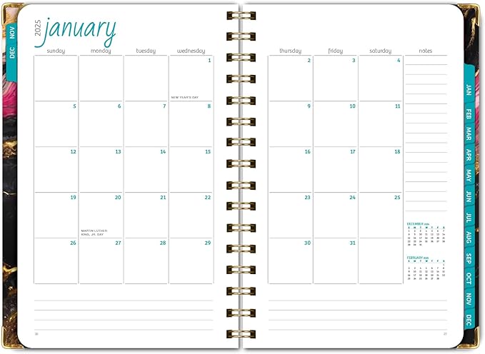 HARDCOVER 2025 Planner, 5.5"x8": 14 Months (November 2024 - December 2025), Daily Weekly Monthly Planner, Yearly Agenda, Bookmark, Pocket Folder and Sticky Note Set (Dark Gold Marble)