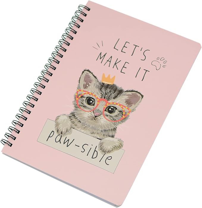 Yansanido Spiral Notebook, 4 Pcs A5 Thick Cat Design Hardcover 8mm Ruled 4 Color 80 Sheets -160 Pages Journals for Study and Notes (Cat)