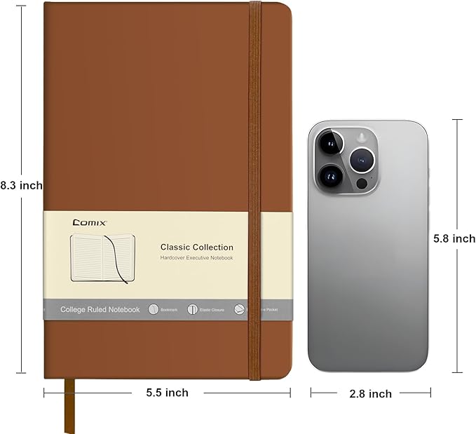 Comix Lined Journal Notebook for Women Men, Journaling Notebooks for Office School Home, Brown, 240 Pages, 5.5" x 8.3", College Ruled, A5, Hardcover