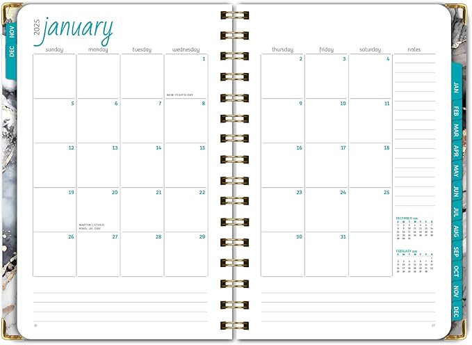 HARDCOVER 2025 Planner, 5.5"x8": 14 Months (November 2024 - December 2025), Daily Weekly Monthly Planner, Yearly Agenda, Bookmark, Pocket Folder and Sticky Note Set (Black Gold Marble)