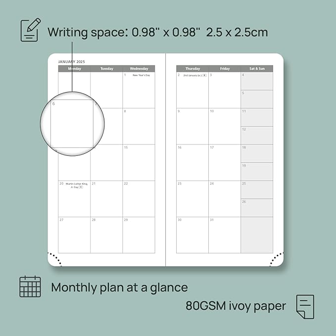 POPRUN Pocket Calendar 2024-2025 for Purse 3.5''x6.5'' Hardcover (17-Month: Aug.24 to Dec.25) Small Academic Planner Daily Weekly Monthly Agenda with Pen Holder, Ivory Paper - Haze Blue