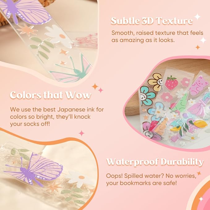 48PCS Bookmark Making Kit, 24 Acrylic Bookmark Blanks with 24Pcs Tassels, 24 UV Stickers About Flower Theme, DIY Blank Bookmarks Waterproof UV DTF Transfers Stickers for Clear Bookmarks DIY Projects