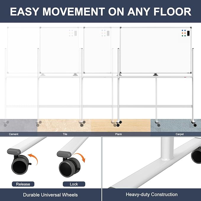 Dry Erase Whiteboard Easel on Wheels - TANKEE 48" x 32" Large Double Sided Mobile Whiteboard, Reversible Magnetic Rolling White Board for Home Office Classroom, Flip Chart Holders and Paper Pad