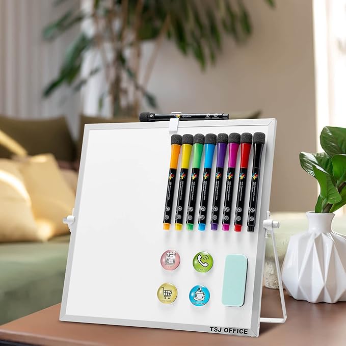 Small Magnetic Desktop White Board – 12 x 12 inches Mini Portable Dry Erase Whiteboard for Students Double Side to Do List Dry Erase Board with Stand for Office, School, Home
