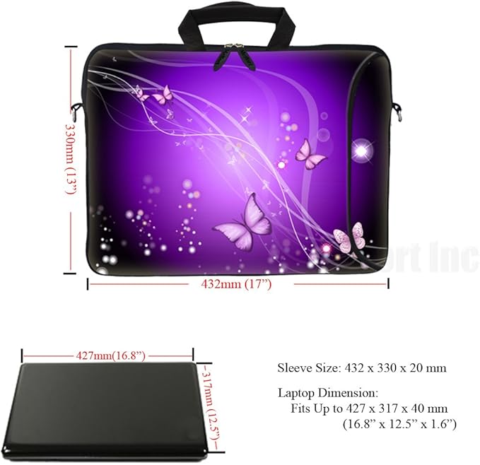 Meffort Inc 17 Inch Neoprene Laptop Bag with Extra Side Pocket, Soft Carrying Handle & Removable Shoulder Strap Fit 16" to 17.3" Size - Purple Swirl Butterflies