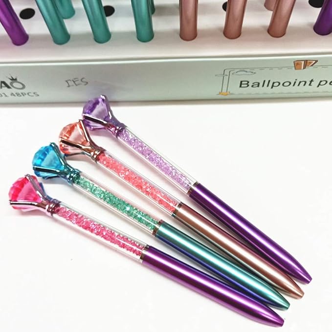 Diamond Pens Pack of 4 Cute Ballpoint Pens Retractable Ballpoint Pen gem pens Rhinestones Crystal Bling Plated Metal Color Blue Gel Ink Office Supplies Gifts for Women (4 pens)…