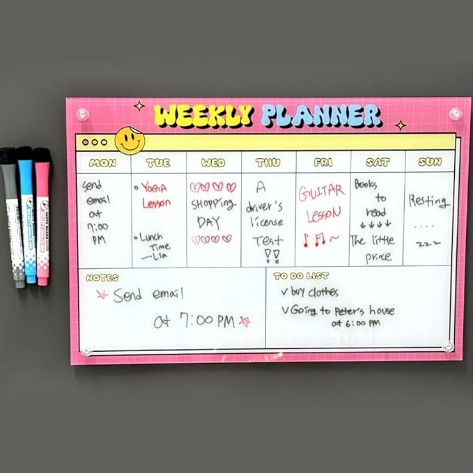 GEEKBEAR Dry Erase Refrigerator Calendar with 3 Markers - Attachable to Any Fridge with Special Suction Cups - Monthly and Weekly Designs, Acrylic - 15.7" x 10.6" (07. Smile Pink, Weekly)