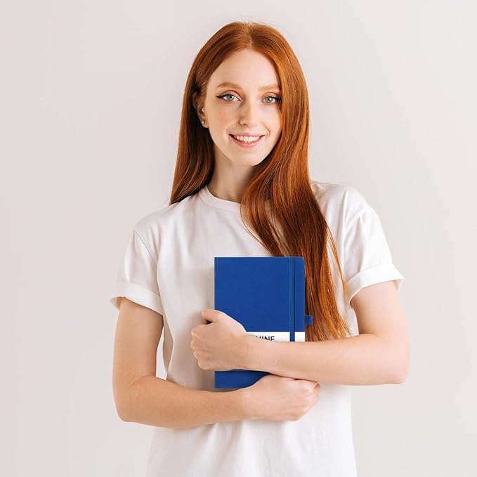 Dotted Journal/Notebook - Dot Grid Hard Cover Notebook, Premium Thick Paper with Fine Inner Pocket, Black Smooth Faux Leather, Pen Loop, 5.3'' x 8.26'' - Deep Blue