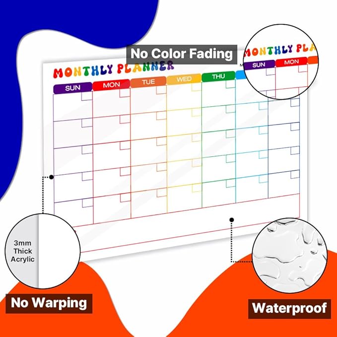 GEEKBEAR Dry Erase Refrigerator Calendar with 3 Markers - Attachable to Any Fridge with Special Suction Cups - Monthly and Weekly Designs, Acrylic - 15.7" x 10.6" (06. Rainbow, Monthly)