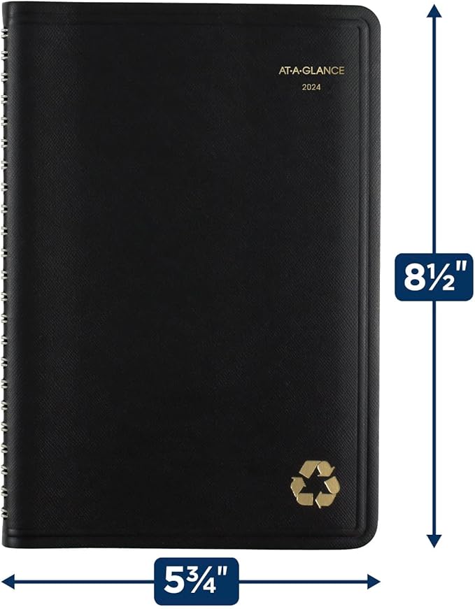 AT-A-GLANCE 2024 Weekly & Monthly Planner, Hourly Appointment Book, 5" x 8", Small, Recycled, Monthly Tabs, Black (70100G0524)