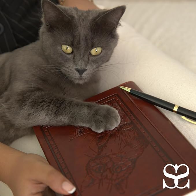 SETTINI® Lined Journal - Cat Journal for Writing Gift Set - Hardcover Vegan Leather, Includes Luxury Pen in a Unique Pen Holder, 192 Pages, 6 x 8.5 inches, Birthday Gifts for Women