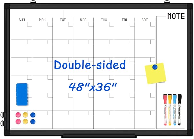 WALGLASS Dry Erase Calendar Whiteboard, 48" x 36" Monthly Large Dry Erase Calendar for Wall, Double-Sided Hanging Calendar White Board with Black Aluminum Frame for Home, School, Office, Kitchen