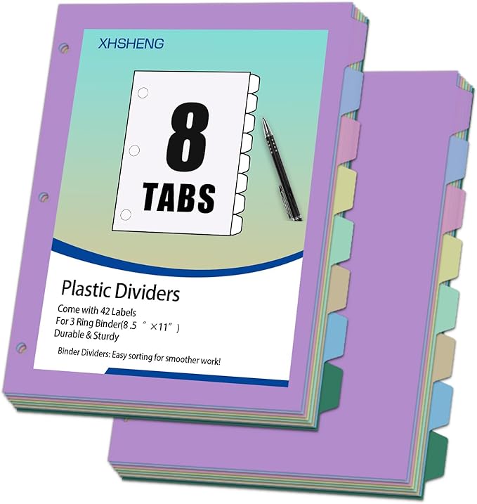 16Pcs/2 Sets Binder Dividers for 3 Ring Binder,8 Tab Binder Plastic Page dividers with Tab,tab dividers，Colored