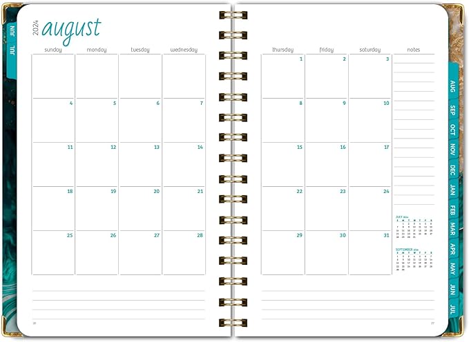 HARDCOVER Academic Year 2024-2025 Planner: (June 2024 Through July 2025) 5.5"x8" Daily Weekly Monthly Planner Yearly Agenda. Bookmark, Pocket Folder and Sticky Note Set (Teal Gold Marble)