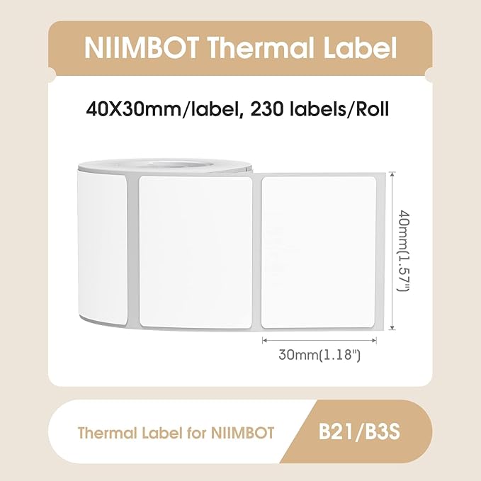 NIIMBOT Labels for B1/B21/B3S Label Maker, 1.57'' x 1.18'' (40x30mm) Thermal Sticker Label, Waterproof, Oil-Proof and Tear-Proof NIIMBOT Labels, 1 Roll of 230 Self-Adhesive Thermal Labels (White)