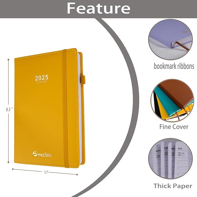 2025 Daily Planner/Appointment Book, One Page Per Day, Jan - Dec 2025, Annual Daily Monthly Agenda Planner with Hourly Schedule and Monthly Tabs, 5.7" x 8.3" Calendar Planner (5-Yellow)