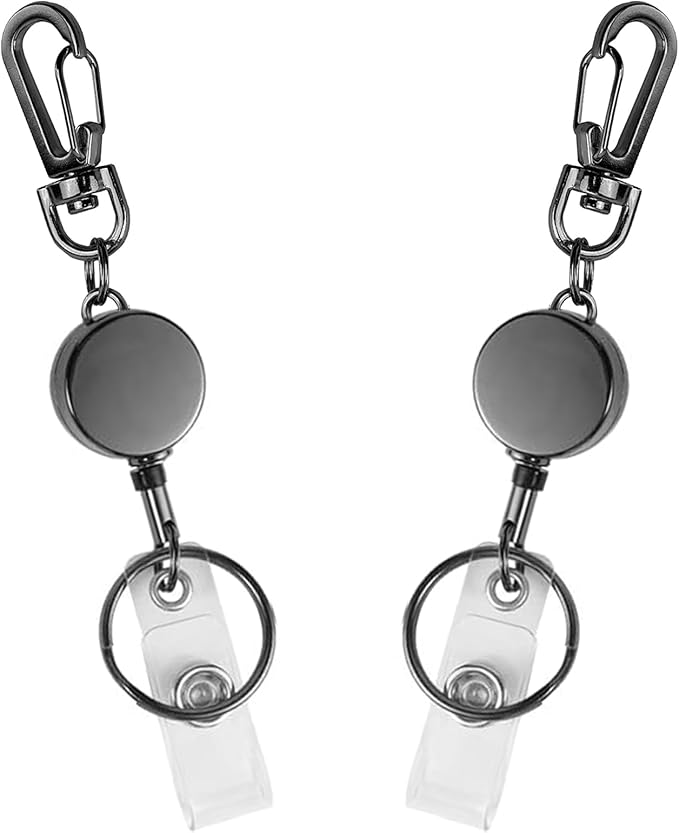 2 Pack Metal Retractable Badge Reel ID Badge Holder with Cord and Carabiner Key Chain (Black)
