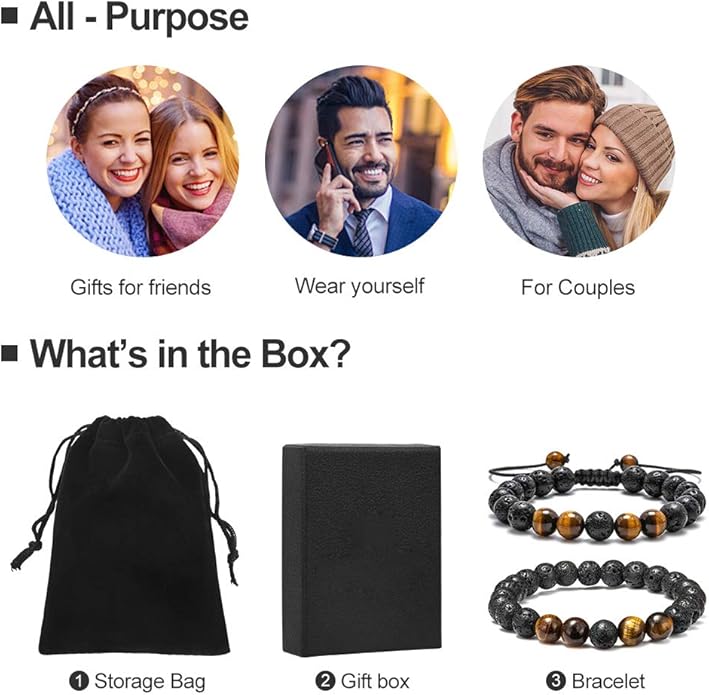 M MOOHAM Natural Stone Bracelets for Men - 8mm Tiger Eye | Matte Agate | Lava Rock Bracelets for Men Teen Boys Gifts Birthday Anniversary Christmas Gifts for Men Teens