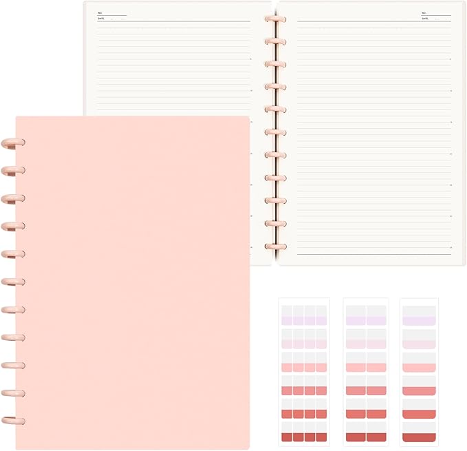 Discbound Notebook, 8-Disc Disbound Planner with Removable Pages, 180 Pages Spiral Notebook, Poly Cover Discbound Planner for Work, Travel, Note Taking(With Index Sticker),Pink,A4