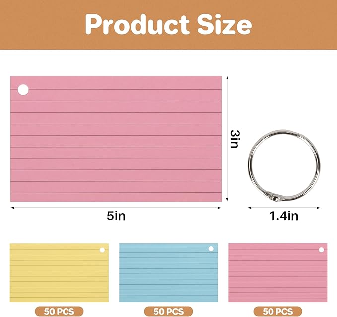Colored Index Cards - 150 PCS Flash Cards with Rings 3 x 5 Inch Flashcards for Studying Prepunched Lined Notecards Study Supplies for School, College, Office, Home, Memory, To Do List, 3 Bright Colors