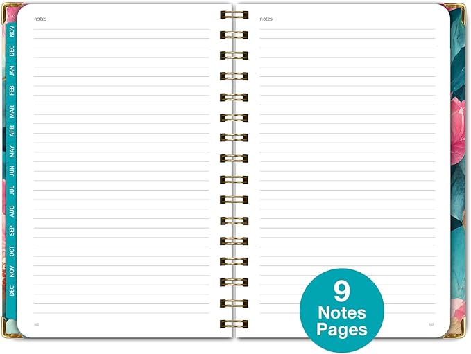HARDCOVER 2025 Planner, 5.5"x8": 14 Months (November 2024 - December 2025), Daily Weekly Monthly Planner, Yearly Agenda, Bookmark, Pocket Folder and Sticky Note Set (Teal Floral)