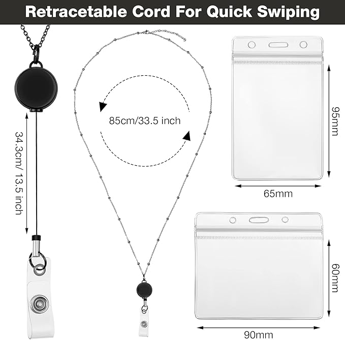 Outus 2 Pieces Badge Lanyard with ID Holders Stainless Steel Badge Holders Necklace Retractable Reel Clip Chain Water Resistant Name(Black, Gray)