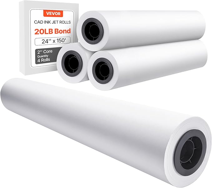VEVOR Wide Format Paper, 24 in x 150 ft Plotter Paper, 4 Rolls CAD Bond Rolls with 2 in Core, 20 LB Bond Paper Rolls, Idea for CAD Drawings, Engineering Plans, GIS Maps & Architectural Designs