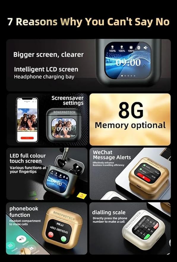 Bluetooth Smart Touch Earbuds, Customizable Screen Saver, MP3 Player, Control Social Media, Calls and messeges, ENC Noise Reduction, Built-in mic, Advanced V5.3 Technologies (White)