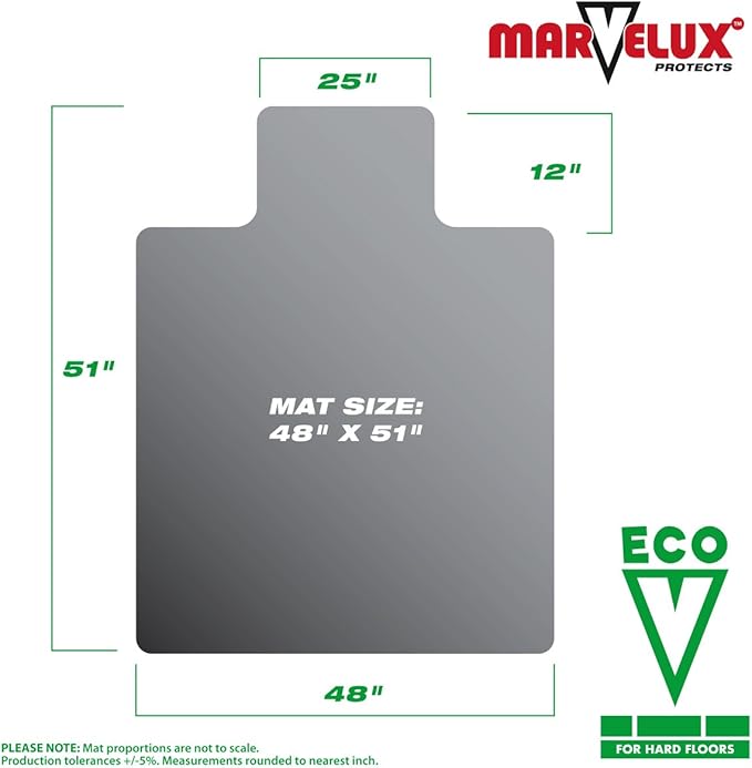 Marvelux Enhanced Polymer Eco-Friendly Durable Office Chair Mat for Hardwood Floors 48" x 51", Hard Floor Protector, Rectangular with Lip, Transparent, Multiple Sizes