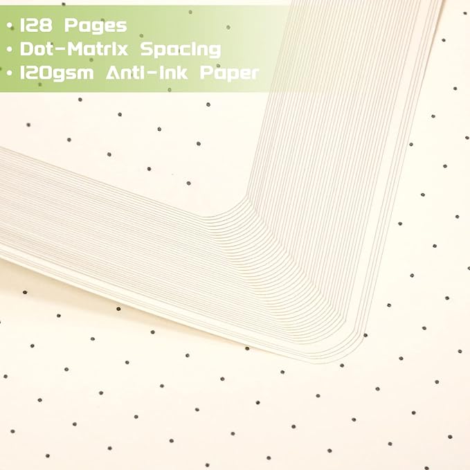 Dotted Journal/Notebook - Dot Grid Hard Cover Notebook, Premium Thick Paper with Fine Inner Pocket, Black Smooth Faux Leather, Pen Loop, 5.3'' x 8.26'' - Light Green