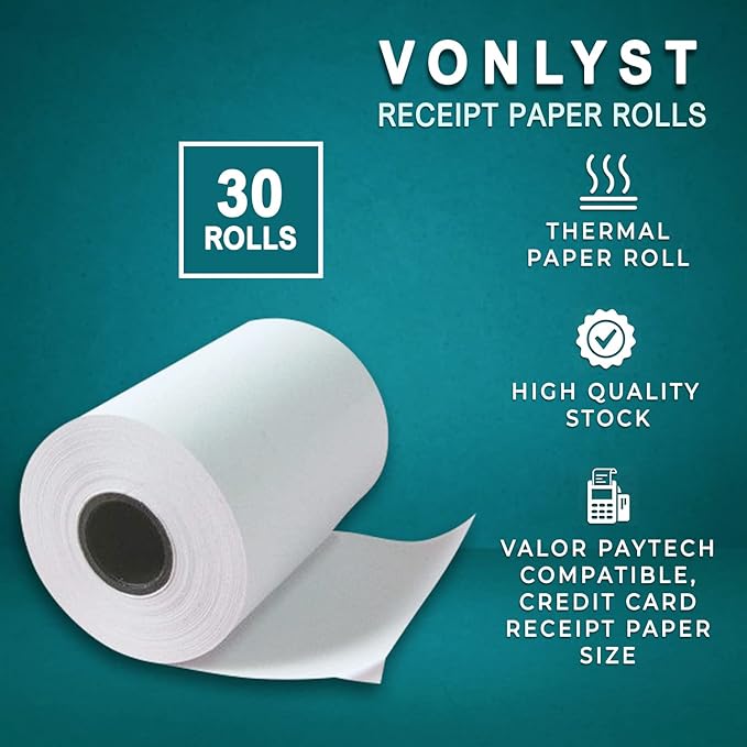 Receipt Paper Roll for Valor Paytech VL 110 and VL 500 Credit Card Machine (30 Rolls)