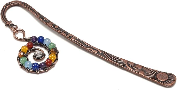 Jovivi Antique Copper Metal Bookmark Beading Bookmarks with Handmade 7 Chakra Healing Crystals Tree of Life Tumbled Gemstones/Swirl Round Beads Dangle (Mixed 2pcs)