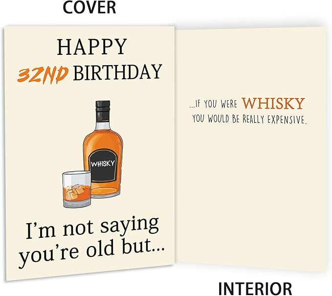 Happy 32nd Birthday Card, Funny 32nd Birthday Decorations for Her Him, Unique 32nd Birthday Gifts for Women Men, Whiskey 32 Year Old Birthday Gifts Decor Ideas
