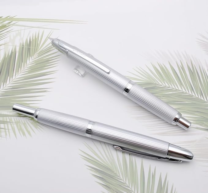 JINHAO 10 Press Fountain Pen, Retractable Metal Pen with Ink Converter (EF Nib 0.38mm, Striated Silver)