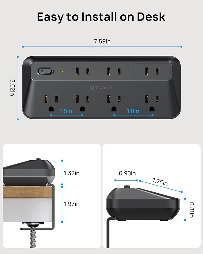 TROND Desk Clamp Power Strip - 1700J Surge Protector with 7 Outlets, Desktop Edge Mount Extension Cord, Fit 1.97" Tabletop, 6FT Flat Plug for Teacher Must Haves, Office, ETL List, Black