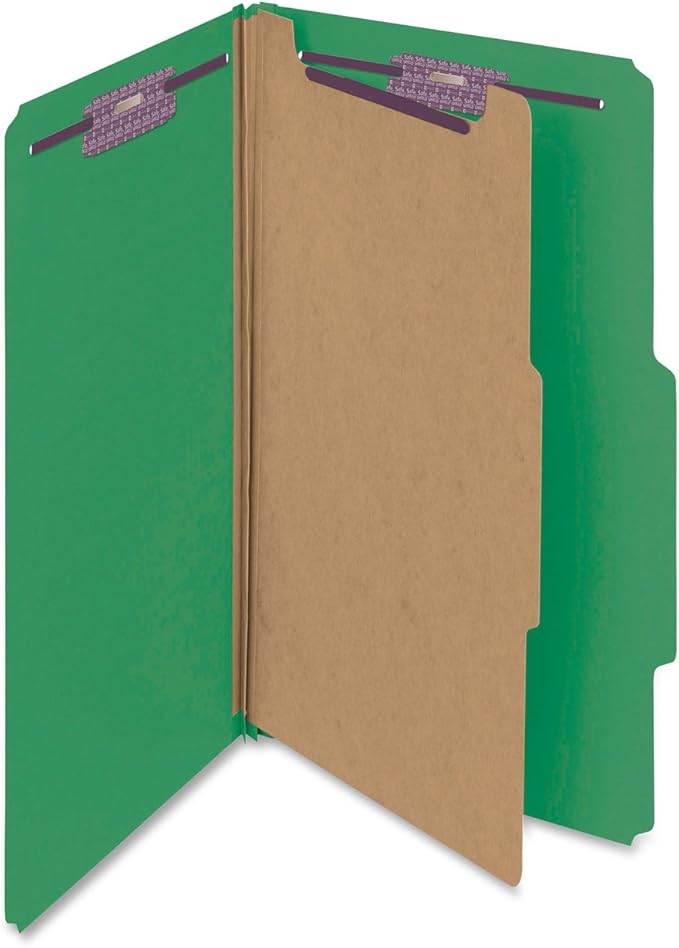 Smead Pressboard Classification File Folder with SafeSHIELD Fasteners, 1 Divider, 2" Expansion, Legal Size, Green, 10 per Box (18733)