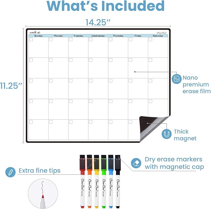 CLEVER CLEAN Magnetic Dry Erase Monthly Calendar - 14.25"x11.25" Monthly Calendar Board for Fridge - 6 Extra Fine Point Markers Included - Shipped Flat