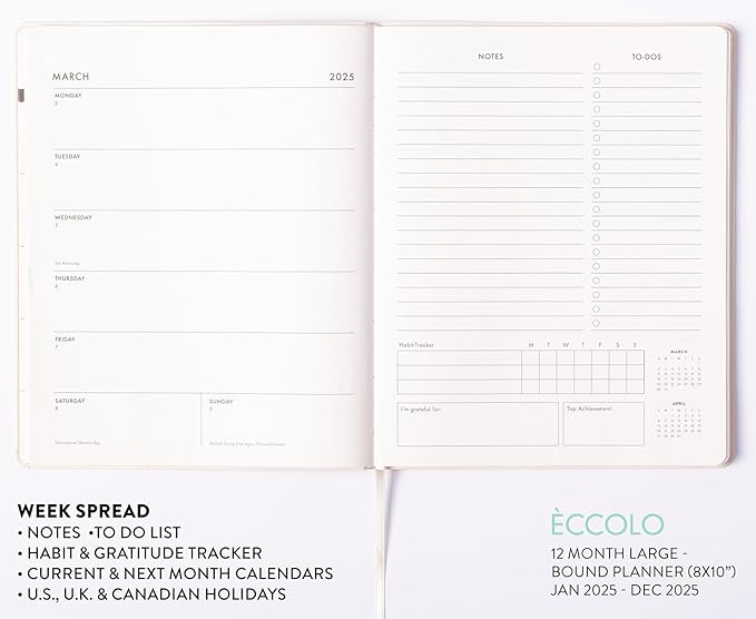 Eccolo 2025 Large Agenda Planner, 12 Month, Yearly, Monthly & Weekly Pages, Habit & Gratitude Tracker (Flexi-Cover - 8 x 10")